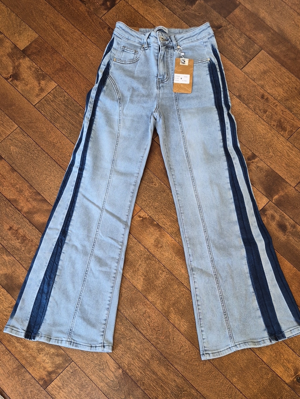 Light Blue Flare Jeans with Navy Side Stripes